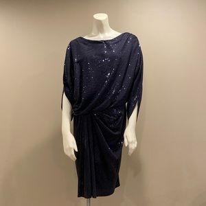 David Meister Navy Blue Sequin Blouson Draped Slit Sleeve Dress - Size 8
